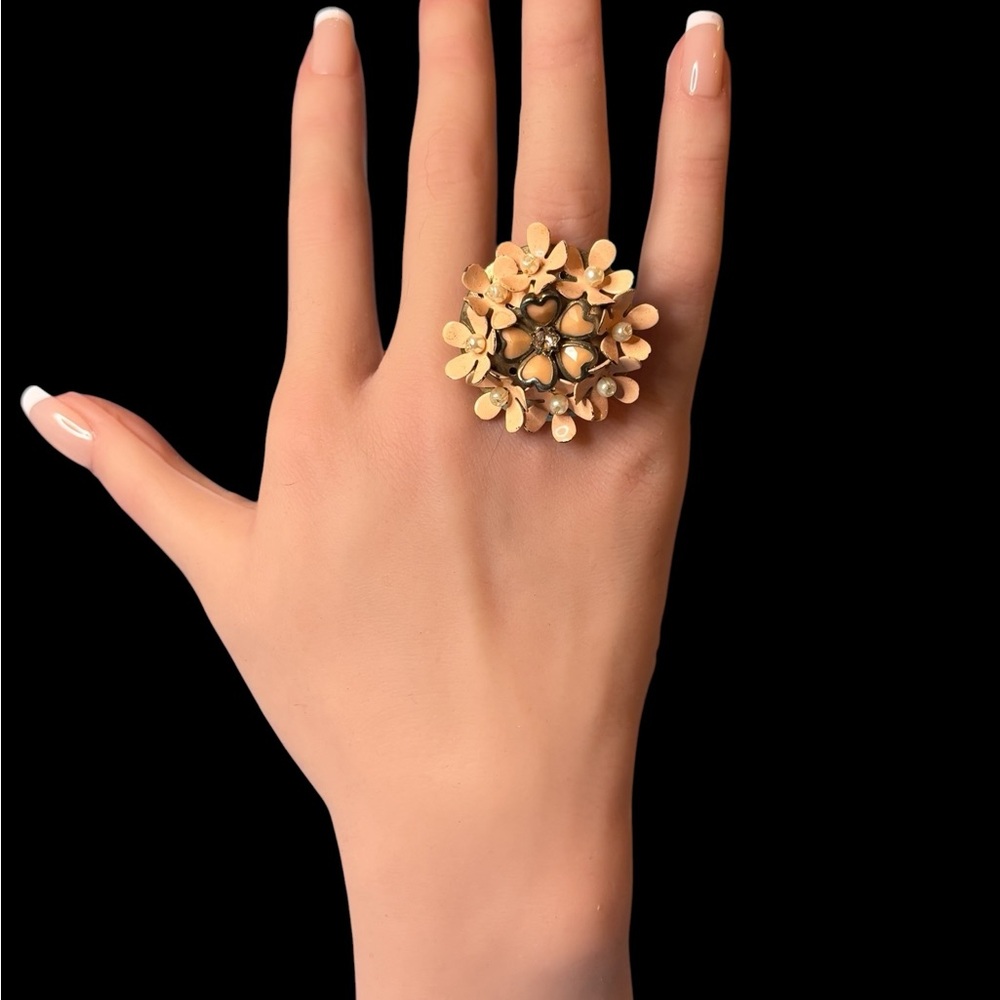 90’s Peach Metal Floral Bouquet Ring with Rhinestone & Pearl accents  BUY2 GET 1